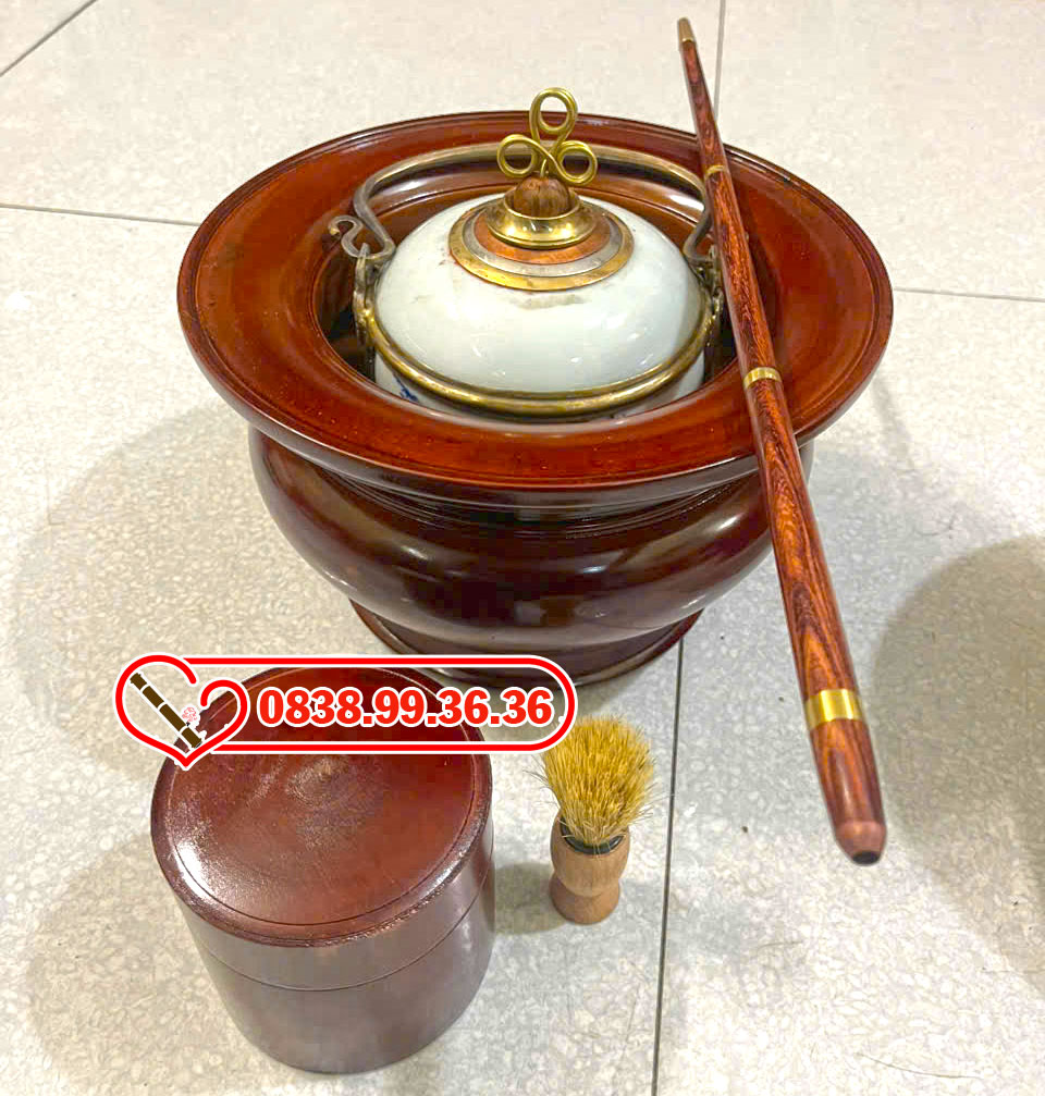 Điếu Bát Men Xanh Gỗ Xà Cừ