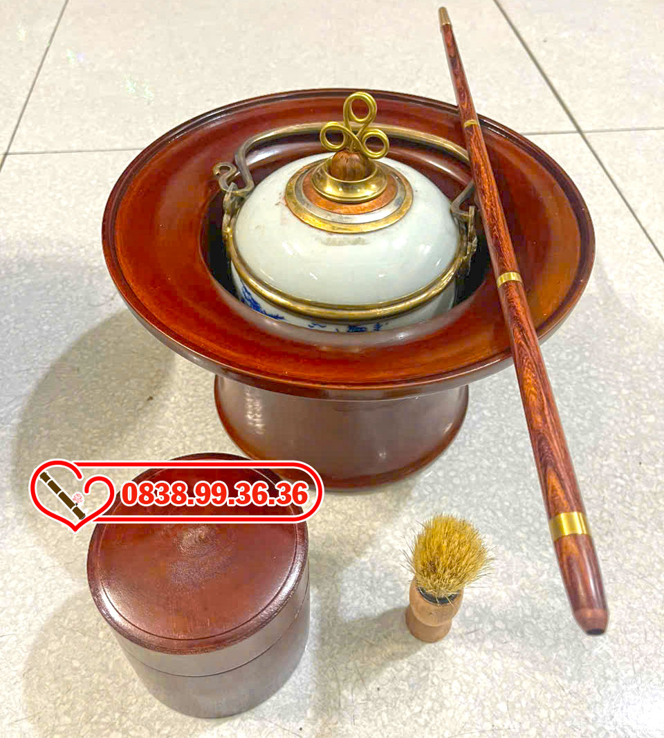 Điếu Bát Men Xanh Gỗ Xà Cừ