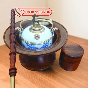 Điếu Bát Men Xanh Bọc Đồng Kèm Hộp Thuốc Gỗ Cẩm Lai
