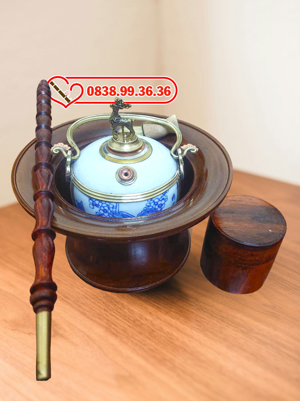 Điếu Bát Men Xanh Hộp Thuốc Gỗ Cẩm Lai