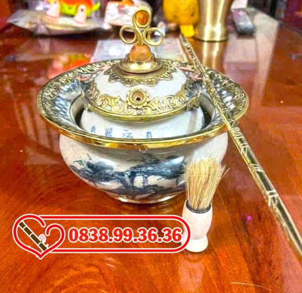 Điếu Bát Sứ Men Rạn Giả Cổ Bọc Đồng Vàng