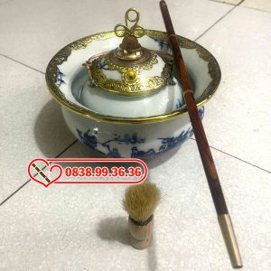 Điếu Bát Sứ Men Lam Bọc Đồng