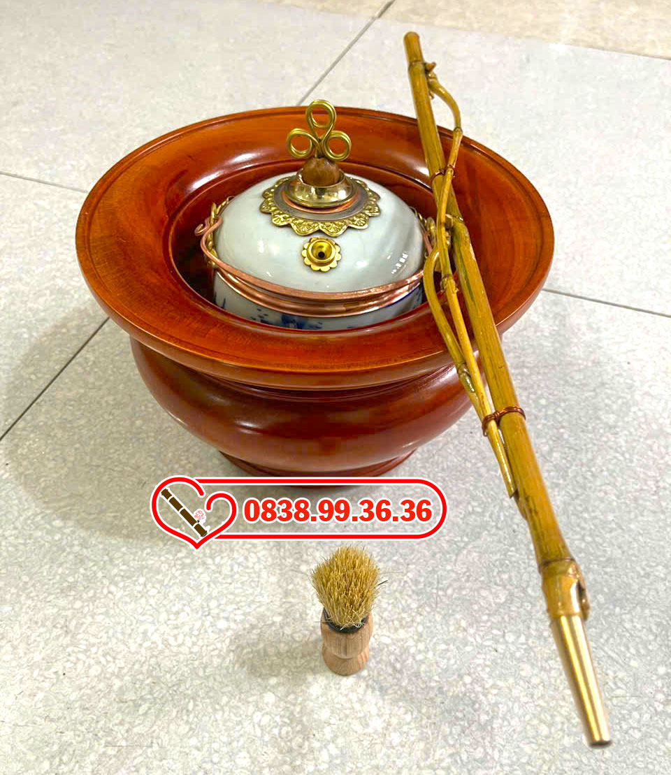 Điếu Bát Gỗ Xà Cừ Men Xanh Xe Điếu Trúc