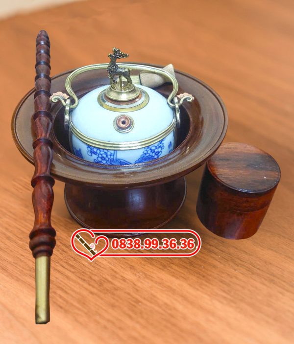Điếu Bát Men Xanh Hộp Thuốc Gỗ Cẩm Lai, Xe Điếu Gỗ Cẩm DB23