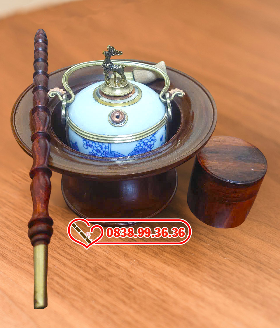 Điếu Bát Men Xanh Hộp Thuốc Gỗ Cẩm Lai, Xe Điếu Gỗ Cẩm DB23